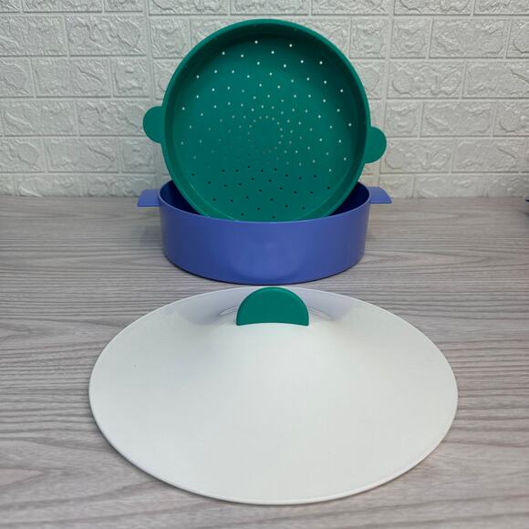 Tupperware 3 Piece Rice Veggie Microwave Microsteamer White Teal Purple 3066A-3 - Picture 3 of 7